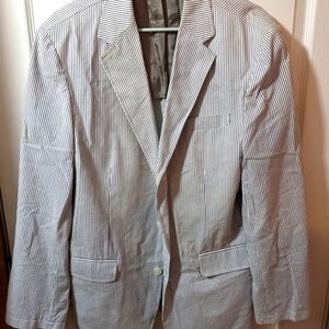 Grey and white striped seersucker suit jacket